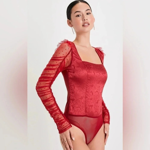 Lulus Red Floral Jacquard Satin Mesh Ruched Bodysuit - Picture 2 of 9